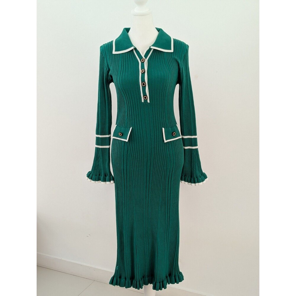 Sweater Dress Women M Green Ribbed Knit Polo Neckline Long Sleeves Bell Cuffs